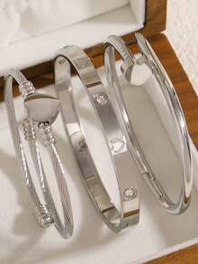 1 Set 3pcs 304 Stainless Steel Bracelets Personalized Heart Rope Design Minimalist Casual Elegant Versatile Premium Elegant Gift For Friends Suitable For Women Daily Wear Gatherings Banquets Parties - Yellow Gold - View 2