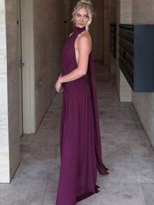 European Maxi Dress Spring 2026, Halter Backless, Slit And Sexy Drawstring - Dark Purple - View 5