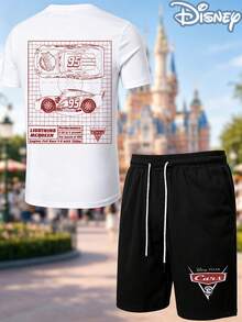Disney Cars Lightning McQueen Blueprint 2-Piece Outfit, Summer T-Shirt & Summer Shorts Set, Racing Specs Graphic, Casual Summer Matching Set For Fans - trắng - Xem 2