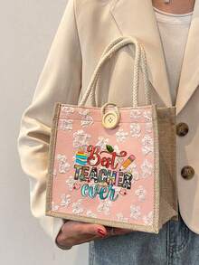 Best Teacher Floral Letter Print Linen Tote Bag, Teacher's Day Gift, Reusable Printed Tote Bag, Casual Commuter Tote Bag - Multicolor - View 8