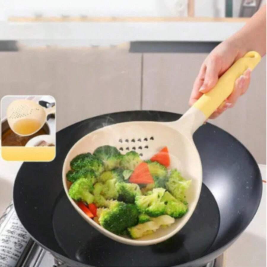 1pc Multi-Function Kitchen Strainer Ladle, Widened Scoop, Heart-Shaped Perforations - View 1