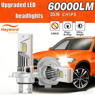  Bộ 2 bóng đèn LED ô tô Heyword H4 H7 H11 9005/HB3 9006/HB4 H11 H9 dùng cho đèn pha, đèn cốt hoặc đèn sương mù, độ sáng 60000LM, trang bị chip 3570 CSP siêu sáng phát ra ánh sáng trắng 6000K, dễ lắp đặt, không kèm pin.