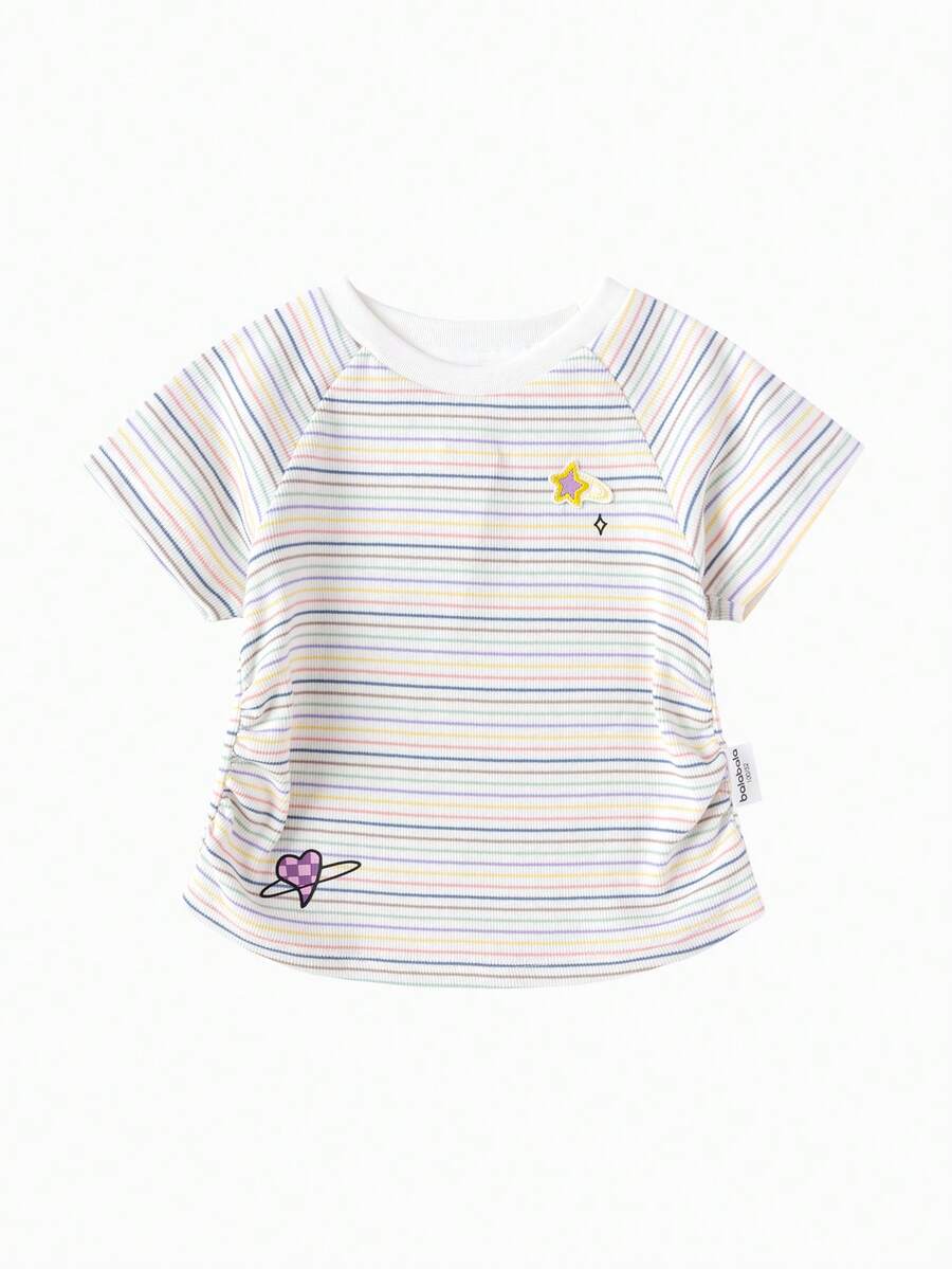 Balabala 2026 New Girls' Striped Short Sleeve T-Shirt, Soft And Breathable, Casual Daily Wear, Cute Style - White Tone - View 1