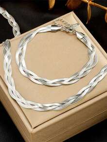RAYQUEEN 2pcs/Set 316 Stainless Steel Snake Chain Necklace + Bracelet With Three Colored Hand Woven Design For Women, Waterproof And Suitable For Daily Wear - 銀色 - 查看 13