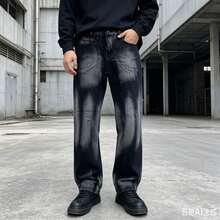 Balloon Pants, Men's Baggy Wide-Leg Jeans, Streetwear, Stonewashed, Graphite Gray - Preto Manchado - 查看 5