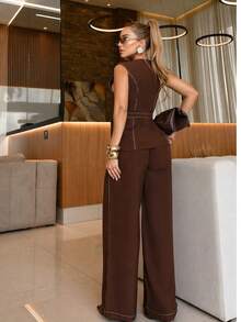 Women's Sensorial Marrante Set – Wide-Leg Pants With Elastic At The Back + Blouse/Vest With Buttons - 鏽棕色 - 查看 2