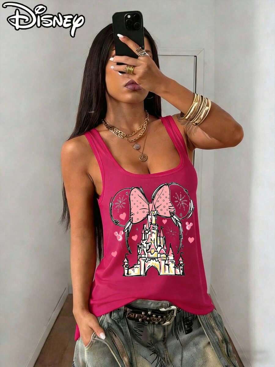 This Disney-Licensed Women's Summer Sexy Cotton Vest Features A Minnie Mouse Polka-Dot Bow As The Frame, With A Pink Disney Castle Inside, Adorned With Hearts, Mickey Mouse Balloons, And Firework Patterns-Exquisite And Dreamy, Creating A Lively Party Atmosphere. Perfect For Taking Photos At Disneyland, As A Travel Souvenir, Or For Everyday Casual Wear. It Also Makes An Ideal Valentine's Day Gift For Friends And Family. This New Spring Style Vest Is Comfortable Against The Skin And Suitable For Outdoor Wear. - Màu Hồng Tươi - Xem 1