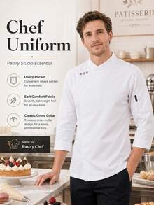 Premium Chef's Long Sleeve Work Uniform - Polyester Fabric, Machine Washable, Solid Color Mandarin Collar Design, Suitable For Chefs In Kitchen, Bakery, Restaurant, School Cafeteria - White - View 6