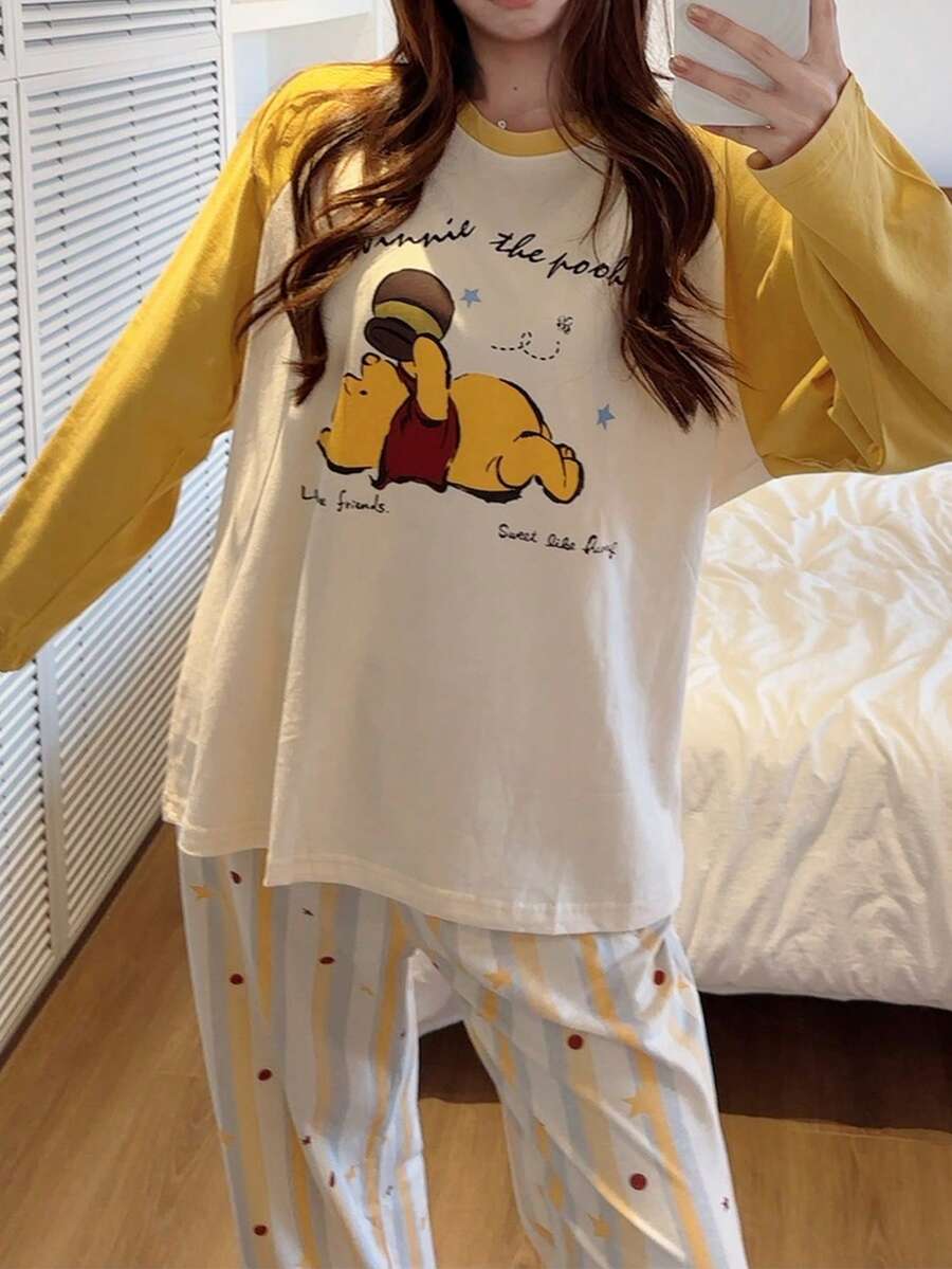 Gongdie Bộ đồ ngủ nữ Disney Winnie the Pooh 2 món, áo tay dài cổ tròn in hình hoạt hình dễ thương và quần dài cạp chun, đồ mặc nhà mềm mại thoải mái. - Màu be - Xem 1