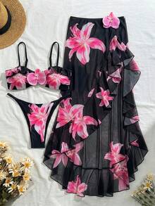 3件套女士印花优雅性感露背系带3D花朵裙比基尼套装，适合海滩度假穿着，春夏假期 - 黑色粉花 - 查看 3