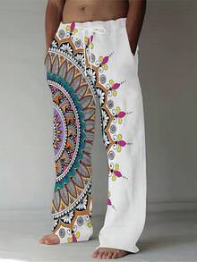 Mandala Sunburst Design Symbolizing Harmony And Energy Blending Vivid Orange Teal And Magenta Tones Beach Pants For Summer Coastal Style - 白色 - 查看 3