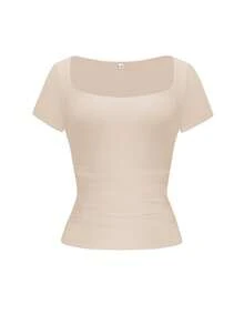 Vaiaye Women's Spring/Summer Sexy Slim Fit Knit Striped Top, Solid Color Square Neck Casual T-Shirt, Suitable For Beach Vacation & Daily Wear - Color - View 3