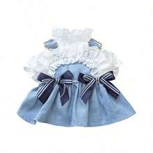 1pc Pet Dress, Dog Cat Clothes Accessories For Small Dogs Puppies Teddy Poodle, Cute Holiday Beach Style Skirt - Blue and White - View 11