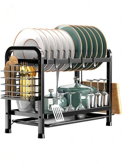 Giá phơi bát đĩa 2 tầng bằng kim loại màu đen chống gỉ, giá để bát đĩa nhà bếp dung tích lớn với giá đựng dụng cụ, giá treo cốc, móc và khay thoát nước có thể tháo rời, giá đựng bát đĩa tiết kiệm không gian, dễ lắp đặt cho bồn rửa nhà bếp.