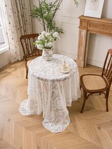 1pc Elegant Palace Style Lace Trim Tablecloth, Decorative Table Cover - White - View 5