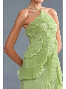 Y2k Ruffle Long Dress For Women Halter Backless Irregular Hem Ruched Boho Maxi Dress - 綠色 - 查看 3