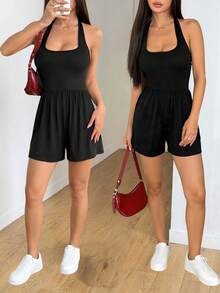 AITYI Studio Women's Jumpsuit, Well Fitted Casual Daily Wear, U-Neck, Halter, Backless, Slimming Fashionable Sexy, Versatile For Outdoor, Commute, Y2K, Beach Vacation, Graduation Season, Sports Jumpsuit, Black Jumpsuit - Black - View 6