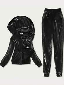 Black Velvet Tracksuit For Women, Zipped Sweatshirt, Fixed Hood, Zipper, With Drawstrings, 2 Pockets, Sweatpants, Loose And Very Comfortable, Elastic Waist, 2 Pockets, Sporty - Black - View 3