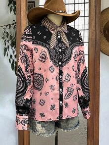 西部复古风女式衬衫，黑粉色腰果花图案，几何花卉，边框图案，3D几何印花，长袖修身前开襟纽扣衬衫，适合所有季节 - 珊瑚粉 - 查看 3