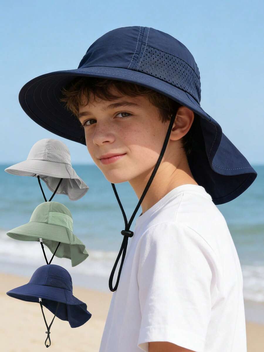 1pc Kids Solid Color Mesh Shawl Bucket Hat, Sun Ion Beach Visor, Suitable For 8-16 Years Old - 1PC - View 1