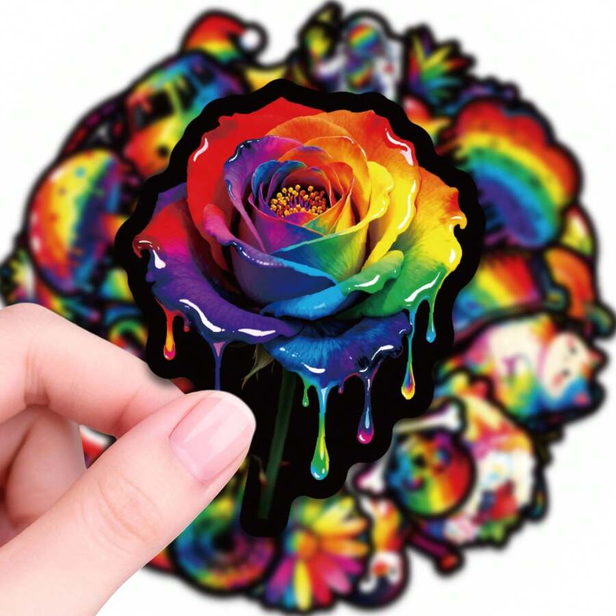 56PCS Rainbow Paint Drip Stickers Pack, Colorful Art Decals, Waterproof Rainbow Stickers For Tumblers Phones Planners, Creative Journaling And Aesthetic Decor - Multicolor - View 1