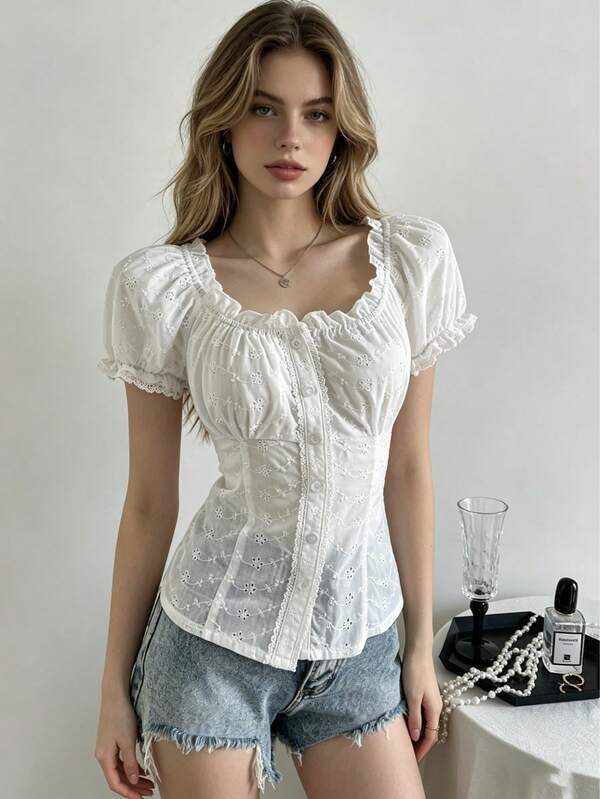 Women's Sweet & Cute Vacation Style Solid Color Schiffy Ruffle Trim Fitted Blouse, Summer White