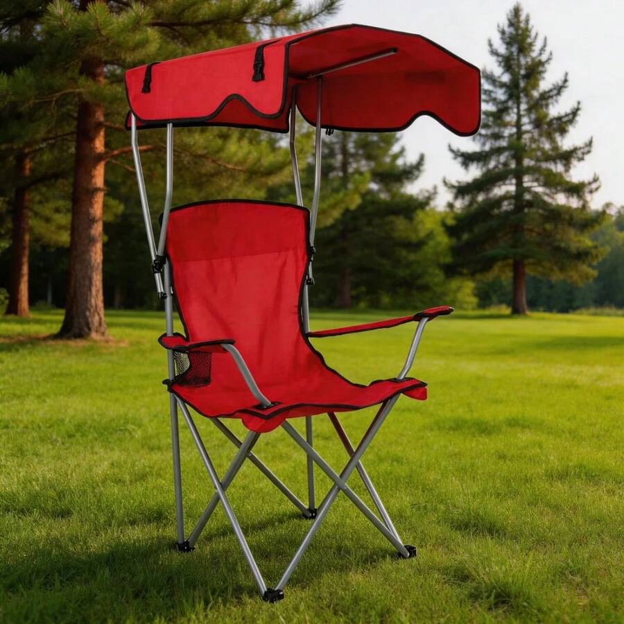 Folding Camping Chair With Canopy / Portable Beach Chair / - Red - View 1