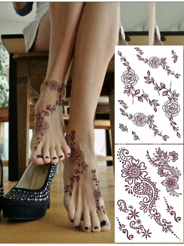1片棕色海娜臨時紋身貼紙，防水 Mehndi 花卉佩斯利圖案假紋身，長效身體裝飾貼紙，適合女性，適用於新娘、婚禮、節日、派對