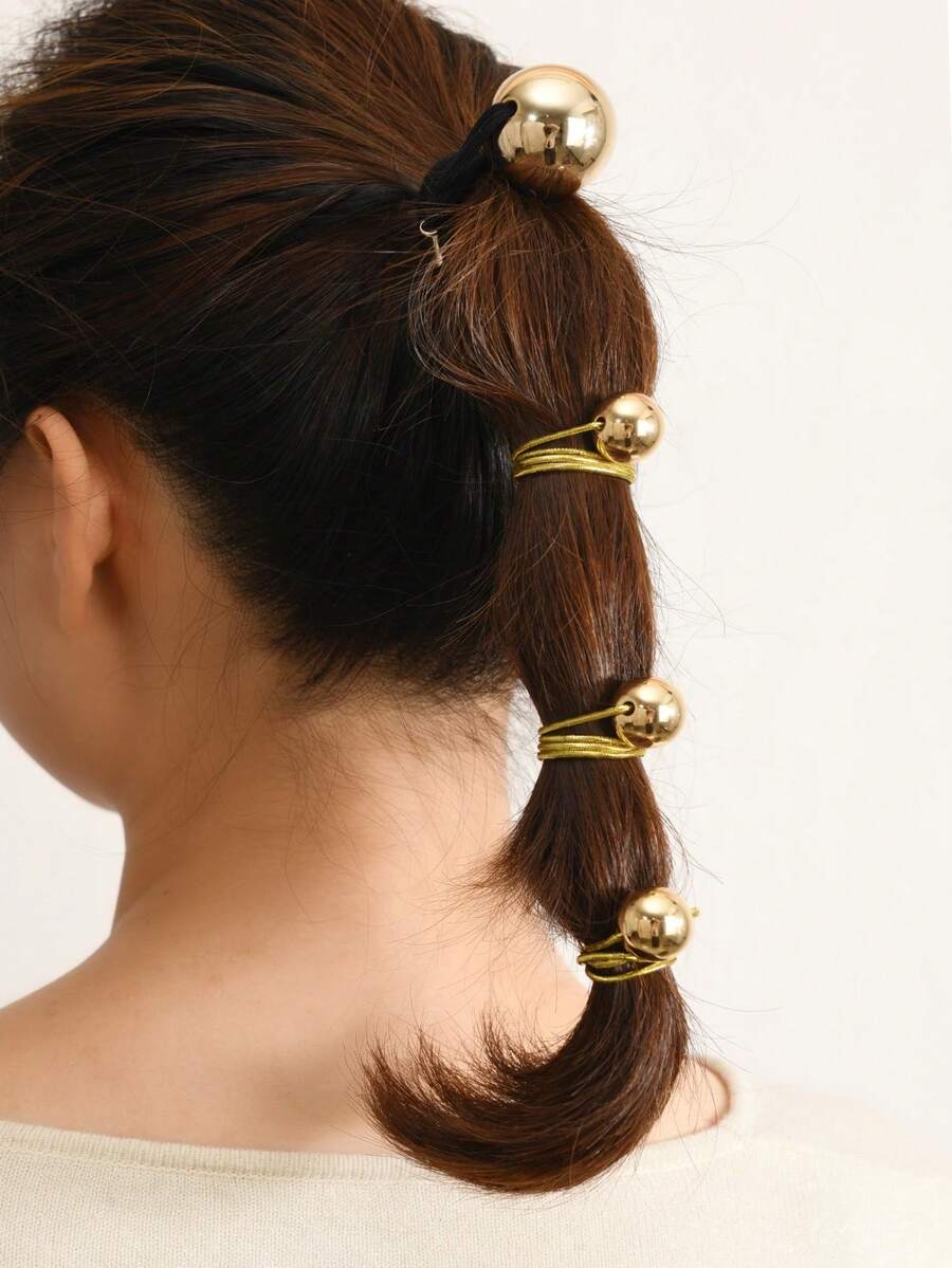 Bộ 1/3/4 dây buộc tóc hình cầu kim loại tối giản, dây buộc tóc đuôi ngựa hình cầu kim loại bóng loáng. - Vàng - Xem 1
