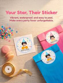 12/24/40pc Personalized Custom Photo Birthday Stickers, Custom Party Favor Tags,Round Thank You Labels With Kid'S Face & Age, Candy & Cookie Box Stickers For Kids Birthday,Birthday Party Favors, Candy Treat Bags, Goodie Boxes - Baby Blue - View 7