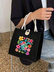 海龜花卉亞麻托特包，夏季度假手提包。海邊度假、購物行程和日常通勤的理想選擇。 - 彩色 - 查看 9