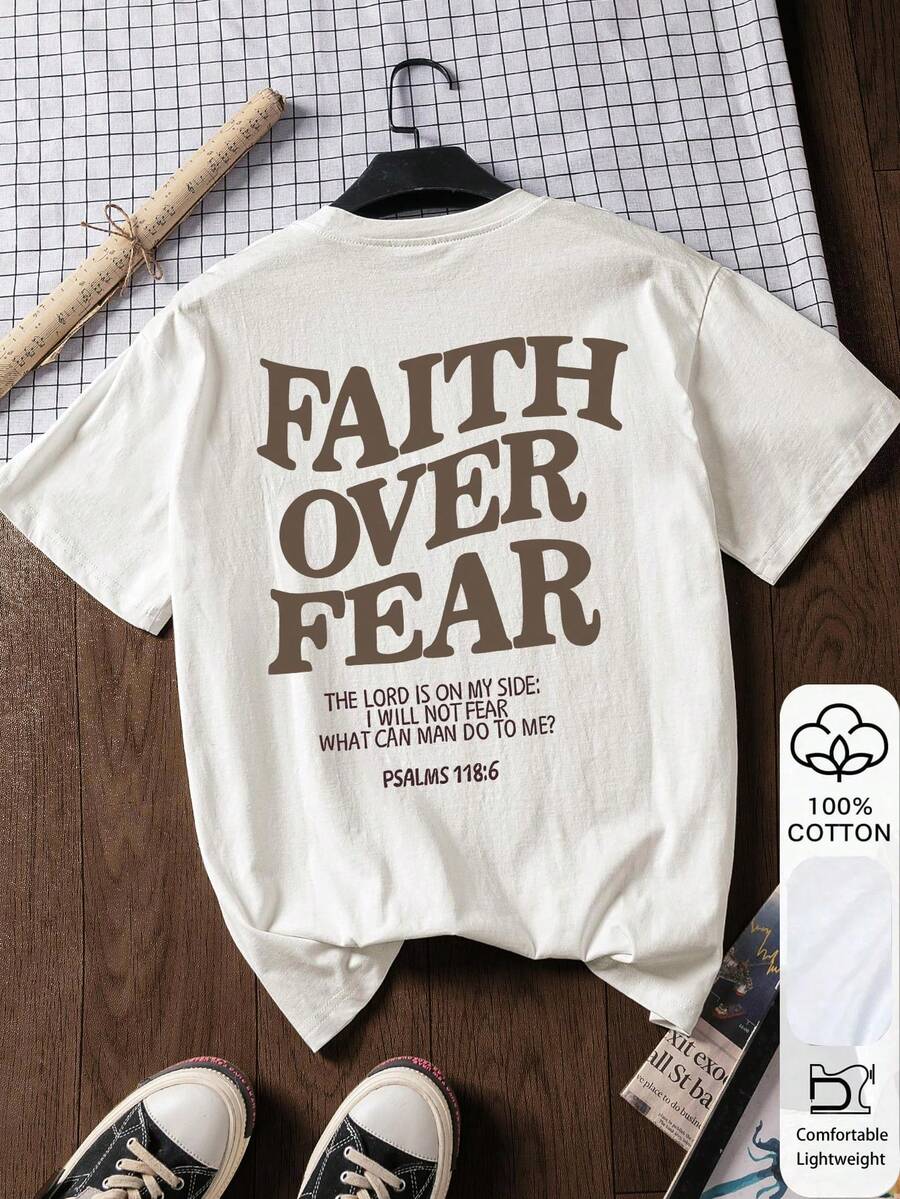 女款寬鬆T恤,印有「FAITH OVER FEAR」,100%純棉,白色短袖圖案T恤,圖案印花,夏季T恤,女款T恤,夏季上衣,度假,海灘風格,極簡度假休閒風 - 白色 - 查看 1