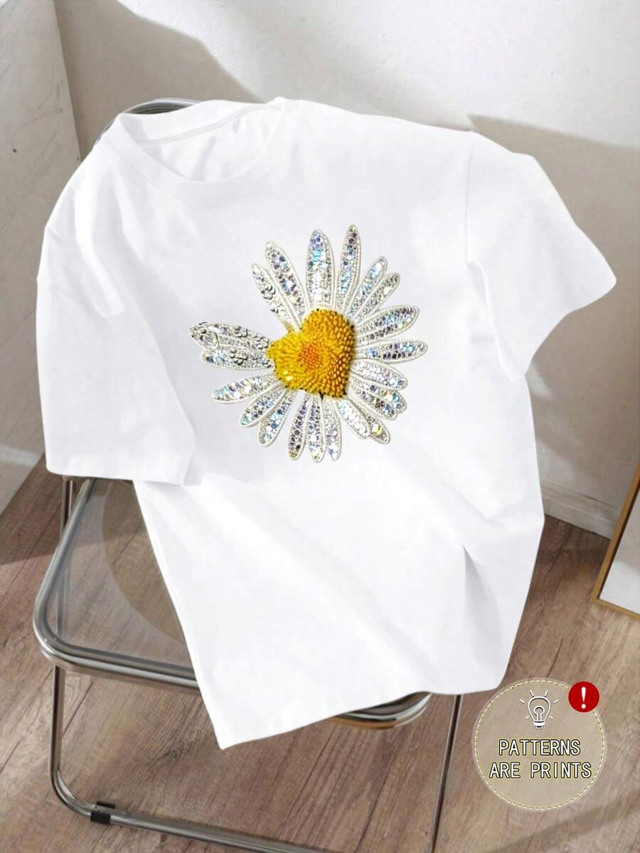 大码女式雏菊刺绣白色短袖圆领T恤，常规版型高弹夏季休闲上衣 - 白色 - 查看 1