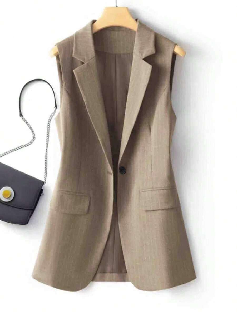 Chaleco blazer regular de mujer con parches a rayas y un solo botón, unicolor con bolsillo y botón, para uso en oficina en primavera - Caqui - Ver 1