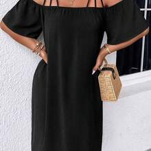 Plus Size Women Off Shoulder Short Sleeve Vacation Solid Color Hollow Out Dress Black Summer Elegant - Negro - Ver 4
