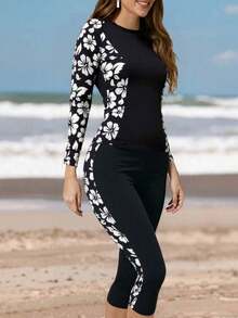 High Neck Zipper Spaghetti Strap Tankini Swimwear, Tropical Print Long Sleeve Top With Capri Pants, Women Casual Elegant 2-Piece Swimwear, Medium Stretch Vacation Beach Black Summer - 多色 2 - 查看 4