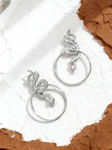 Unisex Minimalist Geometric Snake Stud Earrings - White Gold - View 3