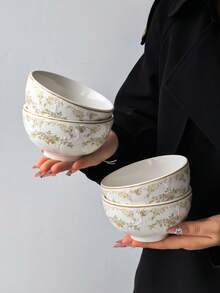 1pc/2pcs/4pcs Spring Encounter - Ceramic Bowl, French Vintage Style Minimalist Embossed Handmade Ceramic Dinnerware Bowl, Large Capacity Rice Bowl, Suitable For Entertaining Guests, Banquets And Various Occasions, Dishwasher - Multicolor - View 4