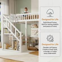 Caluself 140 X 200 Cm, Bunk Bed, Double Bed With Star-Patterned Mesh, Made Of Solid Wood, With Safety Ladder And Storage Space, With Slatted Base, White, Without Mattress - White - View 7