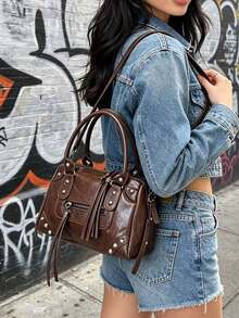 Retro Punk Style Faux Leather Handbag, Multifunctional Tote And Crossbody Bag With Rivet Decor, Large Capacity For Women Suitable For Party, Event, And Work Commute - Multicolor - View 4