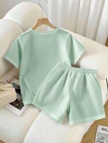 Conjunto de dos piezas casual  2026: camiseta cuello redondo + shorts con cordón color café, ideal para verano - verde menta - Ver 2