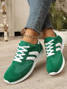 New Style Women's Casual Sports Shoes, Platform Sports Shoes, White Lace-Up Round-Toe Blended Material, Breathable, Versatile, Printed Graffiti, College Style, Suitable For Students, Outdoor Hiking, Casual Wear And Commuting. - 薄荷綠 - 查看 5