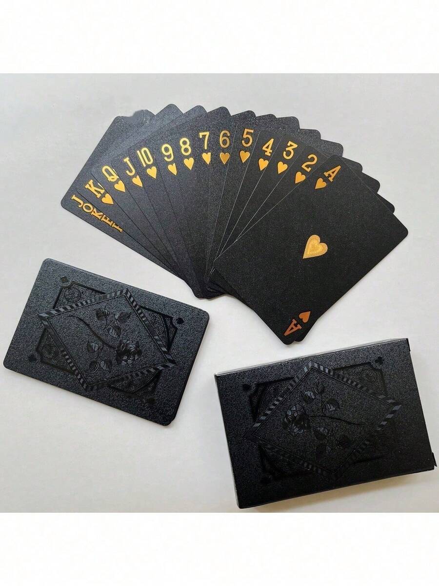 1套防水24K金箔撲克牌 - 黑金塑膠撲克牌組,亮面金箔表面,耐用且柔軟,適合魔術表演、派對、遊戲之夜、居家娛樂,以及情人節、新年和萬聖節的節日禮物 - 黑色 - 查看 1
