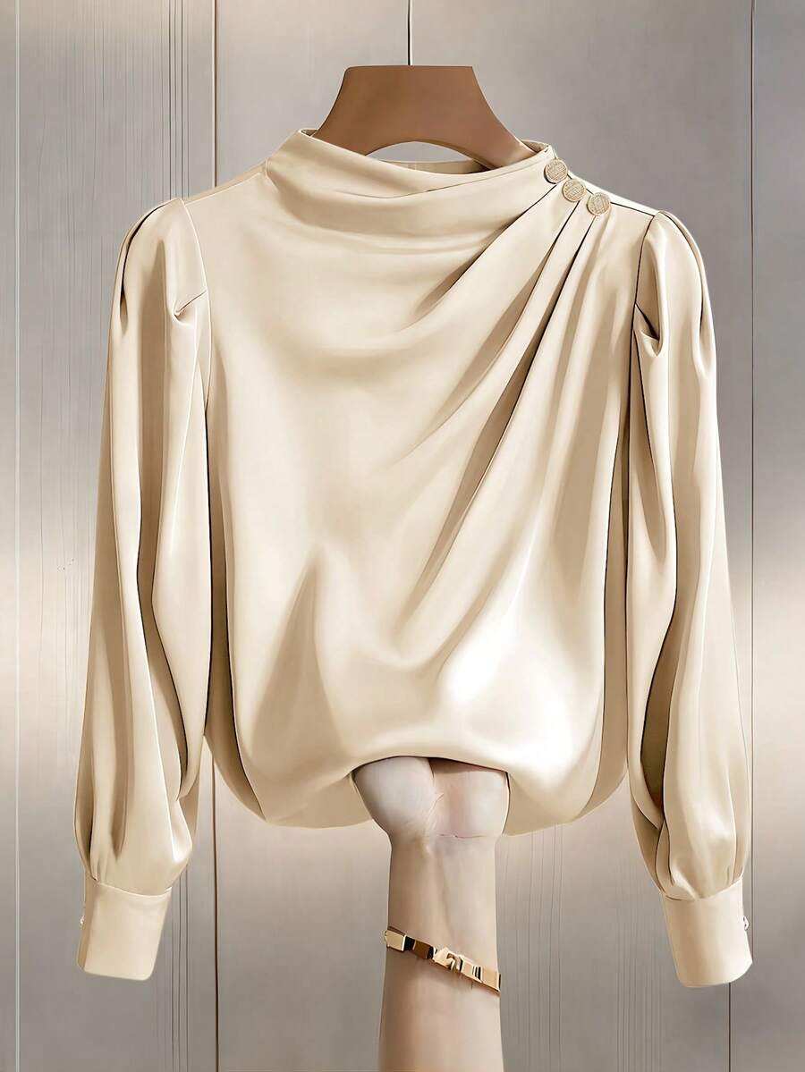 女士休闲通勤立领褶皱设计公主袖长袖衬衫，春秋季 - 卡其色 - 查看 1