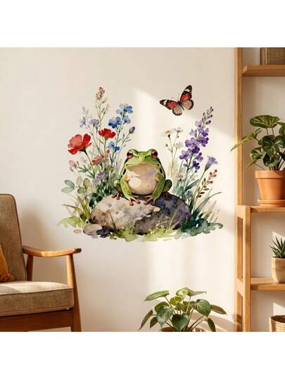 Watercolor Frog & Floral Wall Stickers - Forest Animal Butterfly Kids Bedroom Decor Decals, Matte Vinyl Stickers, Easy Peel No Residue Frog Theme Children's Bedroom Soft Furnishing Stickers