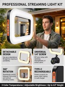 This New Square Fill Light, Paired With A 63-Inch Adjustable Tripod, Can Be Used Independently As A Handheld Lighting Device For Photography. It Features Three Color Modes, Is Rechargeable, And Is Suitable For Selfie Lighting, General Mobile Phone Live Streaming Lighting, And Mobile Phone LED Lighting. It's Ideal For Photography, Video Recording, Live Streaming, And As A Live Streaming Accessory. Perfect For Makeup Application, Video Recording, And Halloween Party Live Streams. This Universal Stabilizer Supports DIY Ring Lights And Is Compatible With Various Mobile Phones And Cameras. - màu đen - Xem 6