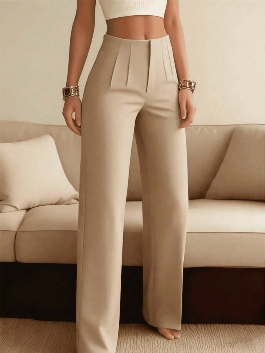 Women's Solid Color Wide Leg Straight Casual Pants, Versatile Business Commuter Trousers Spring