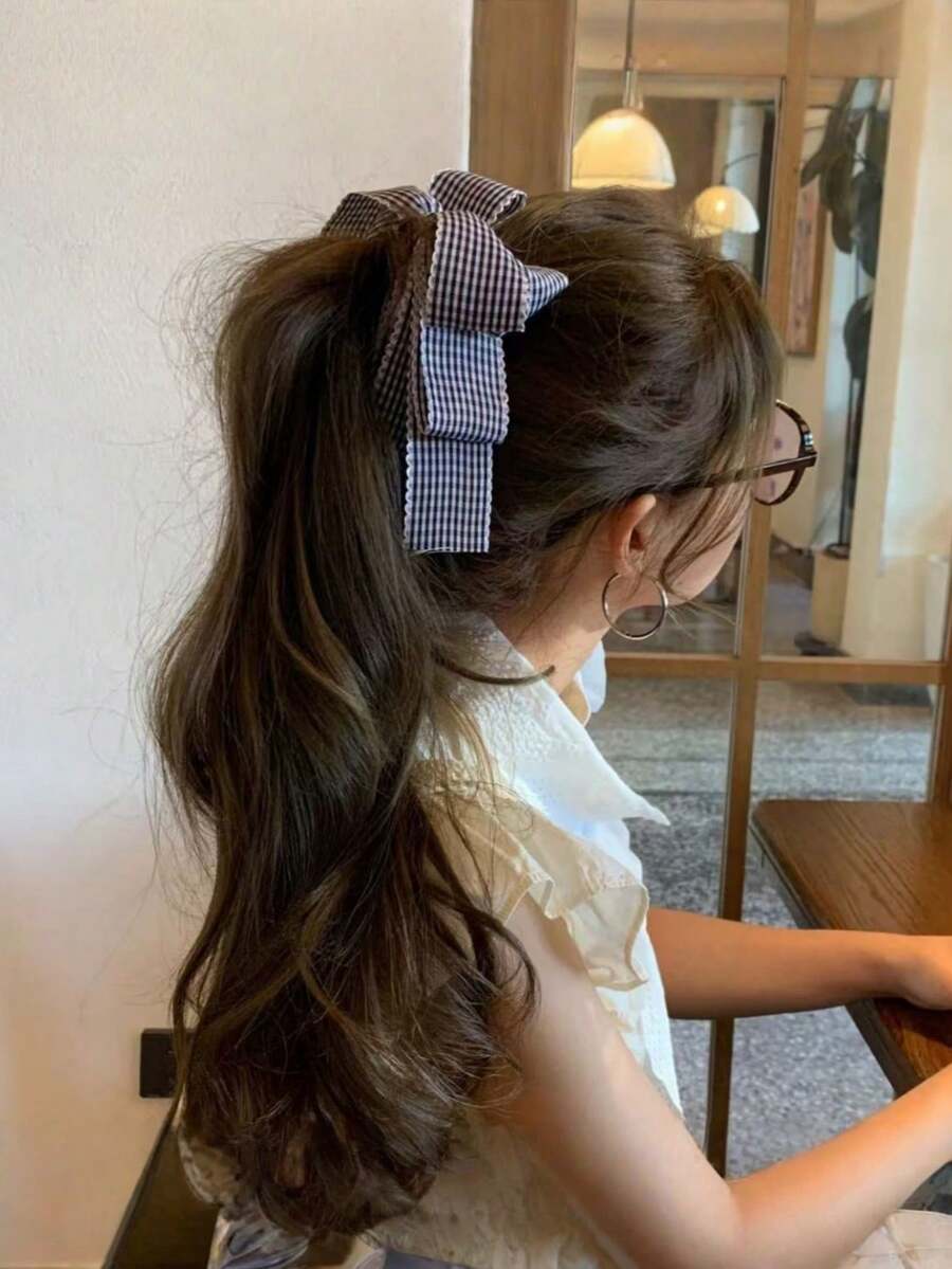 1个韩式甜美格子蝴蝶结发夹，女士丸子头香蕉发夹