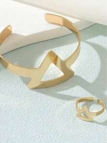 Conjunto Pulseira + Anel Feminino Geométrico Triângulo Minimalista Banhado a Ouro/Prata Elegante Ajustável - Dourado - Visão 5