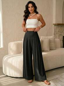 Elegant High-Waisted Palazzo Pants In Microfiber Fabric - 2026 - 黑色 - 查看 3